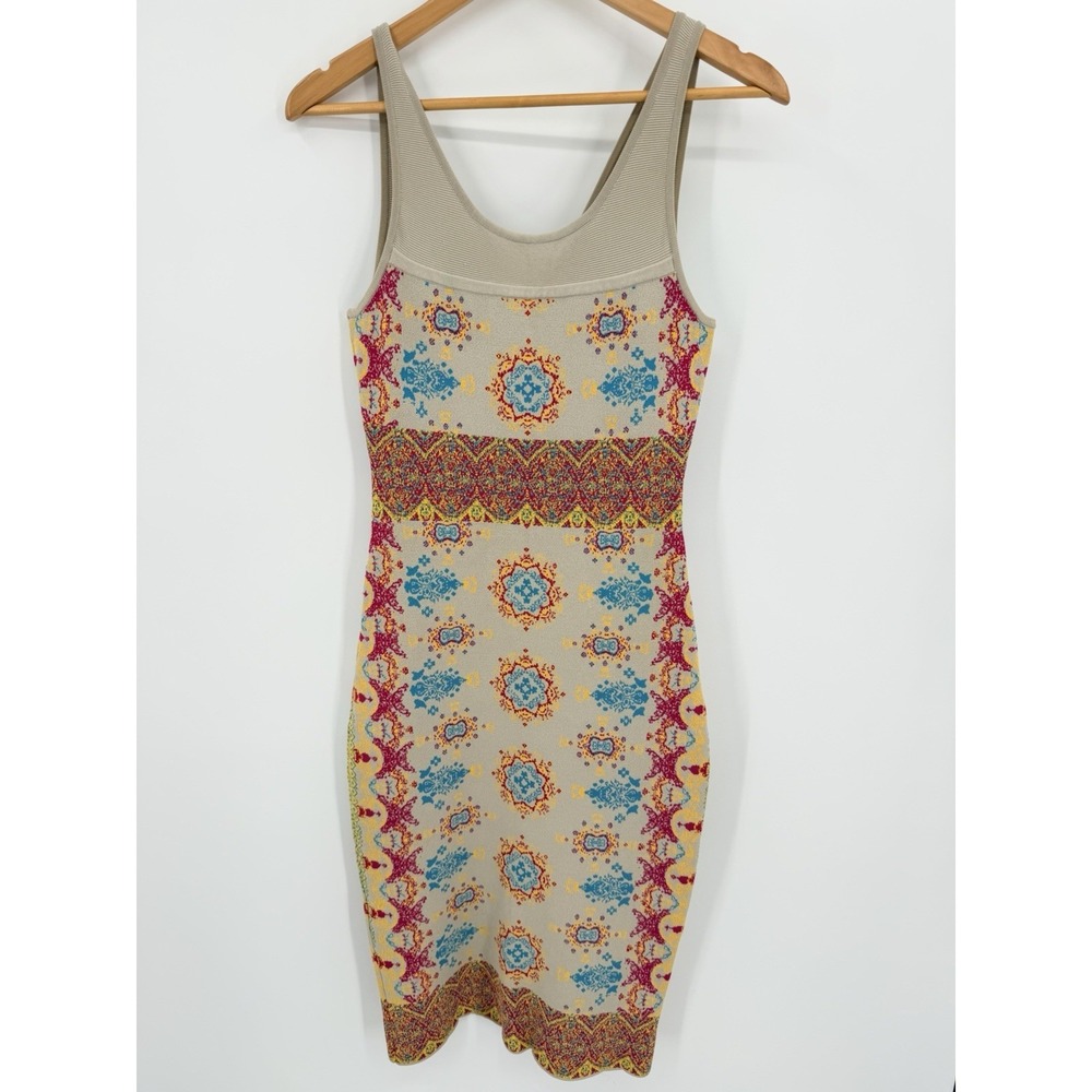 Bebe Y2k RARE Beige Colorful Damask Bandage Sz M Midi Bodycon Dress Wedding Prom